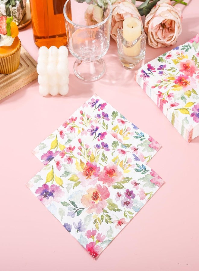 Elyxio 100Pcs Floral Luncheon Napkins Spring Summer Flowers Paper Hand Napkins 6.5 Inch Watercolor Purple and Pink Bouquet Meadow Party Napkins for Wedding Baby Bridal Shower Birthday Party - Image 4